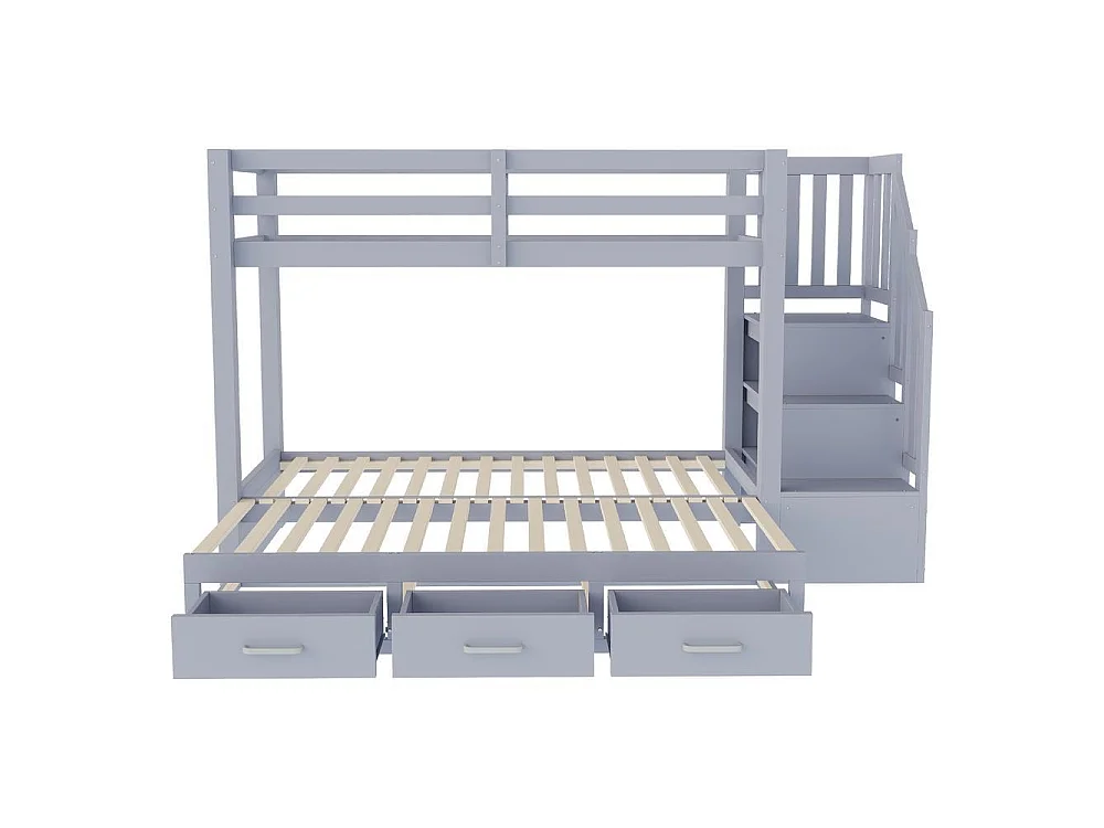 Lit superposé 90x200 cm, lit gigogne 90/180x190, escalier rangement, tiroirs, sommier lattes, bois robuste, gris
