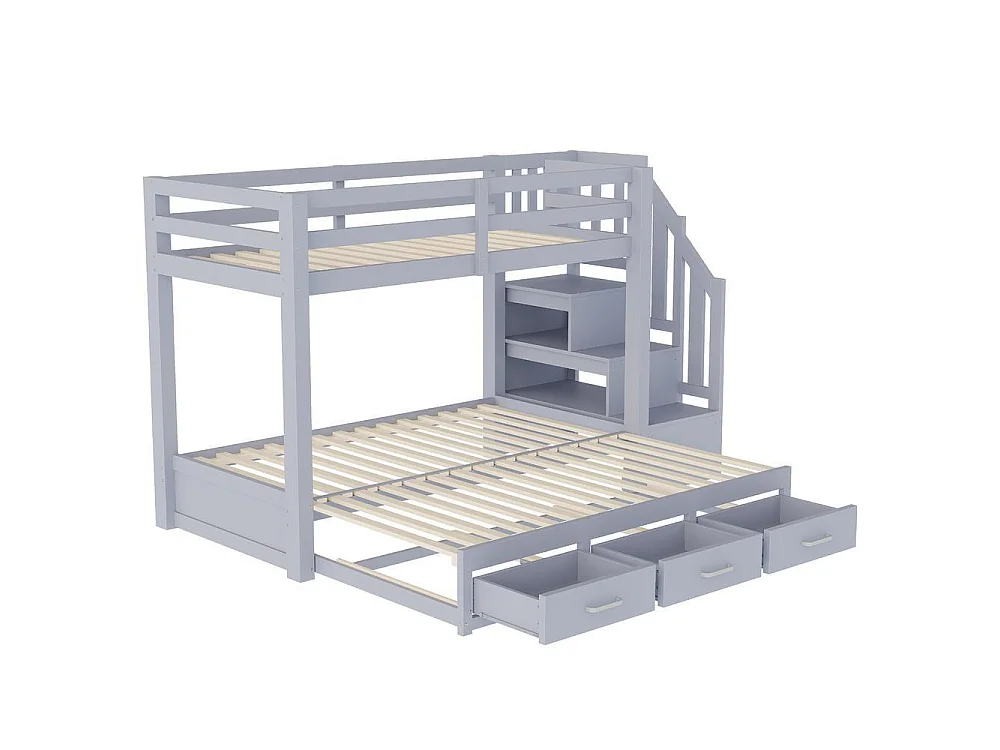 Lit superposé 90x200 cm, lit gigogne 90/180x190, escalier rangement, tiroirs, sommier lattes, bois robuste, gris