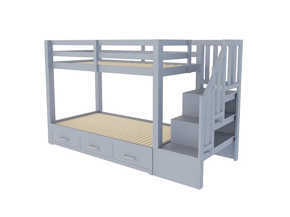 Lit superposé 90x200 cm, lit gigogne 90/180x190, escalier rangement, tiroirs, sommier lattes, bois robuste, gris