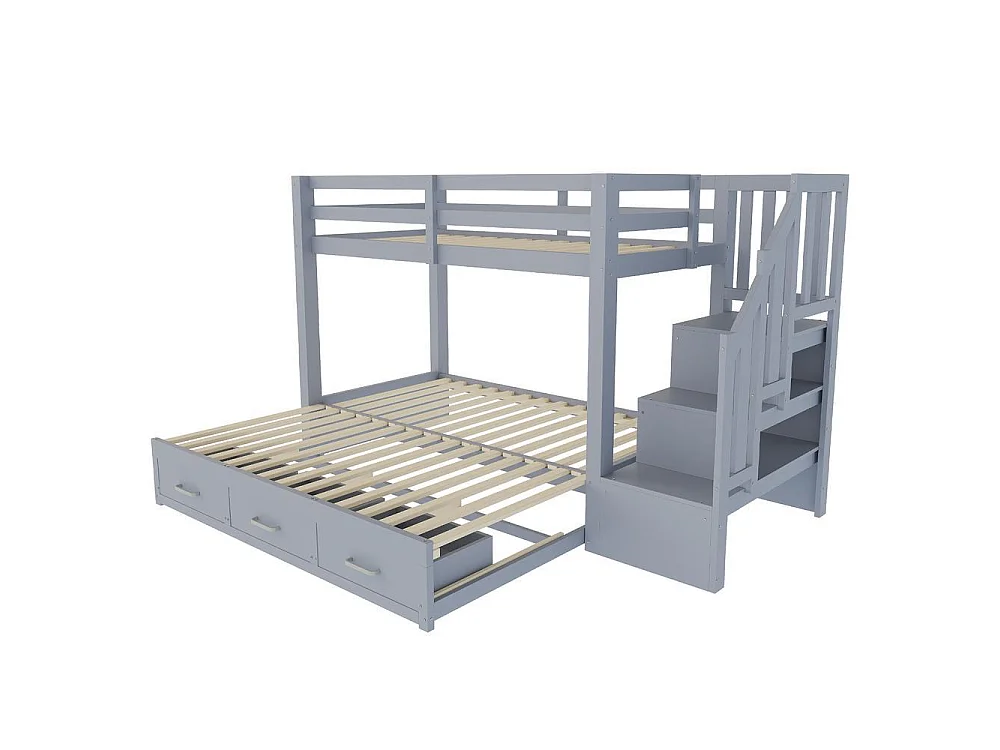 Lit superposé 90x200 cm, lit gigogne 90/180x190, escalier rangement, tiroirs, sommier lattes, bois robuste, gris