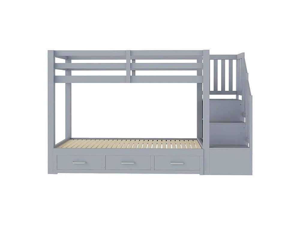 Lit superposé 90x200 cm, lit gigogne 90/180x190, escalier rangement, tiroirs, sommier lattes, bois robuste, gris