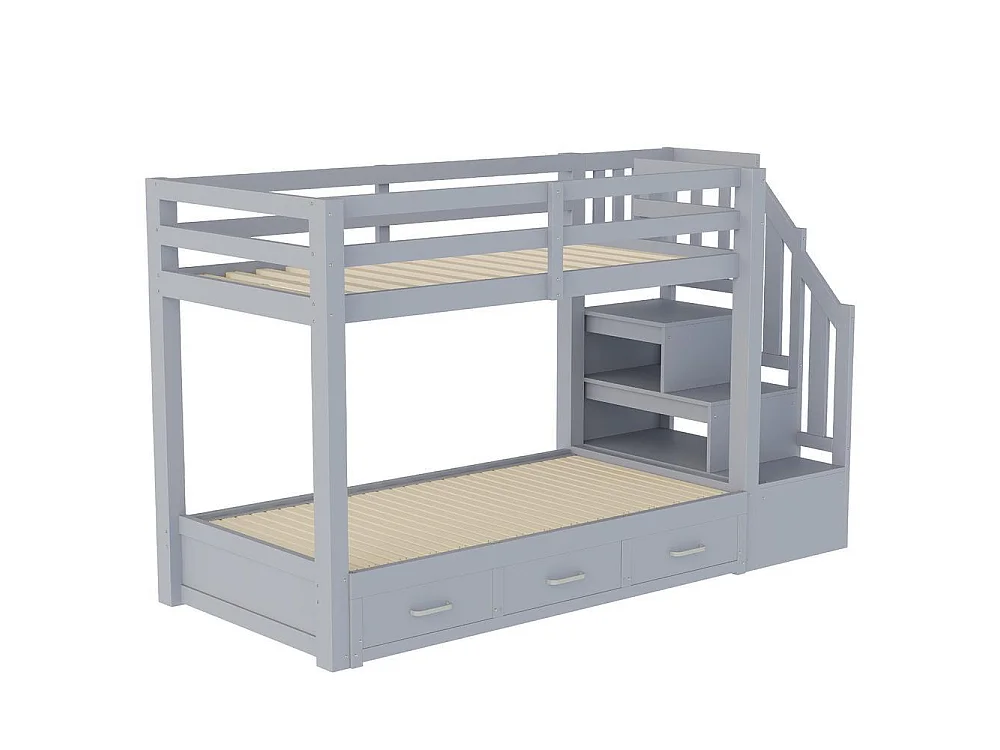 Lit superposé 90x200 cm, lit gigogne 90/180x190, escalier rangement, tiroirs, sommier lattes, bois robuste, gris