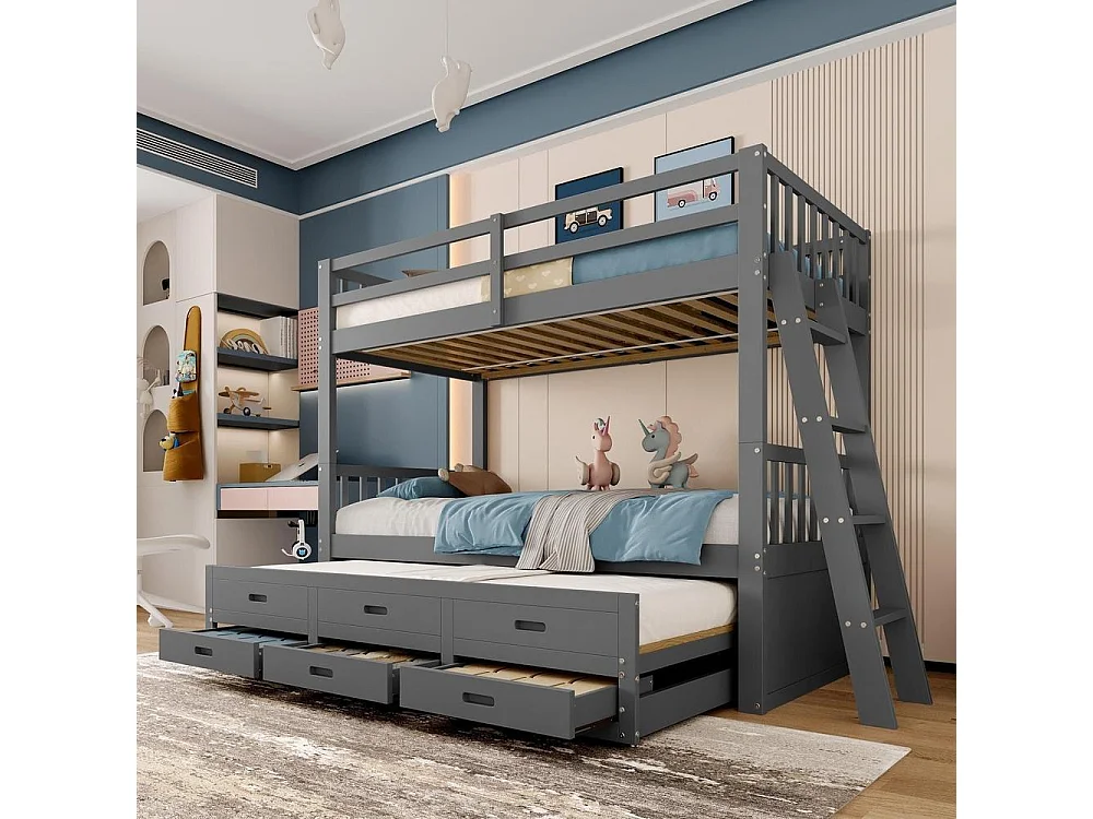 Lit superposé 90x200cm en gris, lit maison pour enfants, avec lit extractible et 3 tiroirs, cadre en pin et MDF