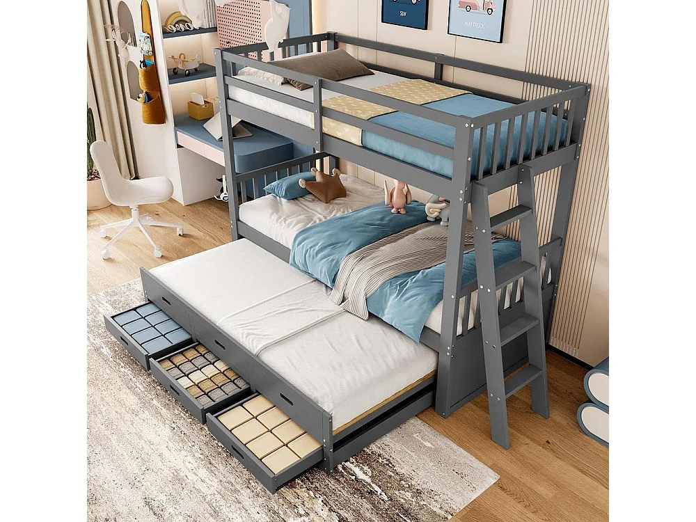 Lit superposé 90x200cm en gris, lit maison pour enfants, avec lit extractible et 3 tiroirs, cadre en pin et MDF