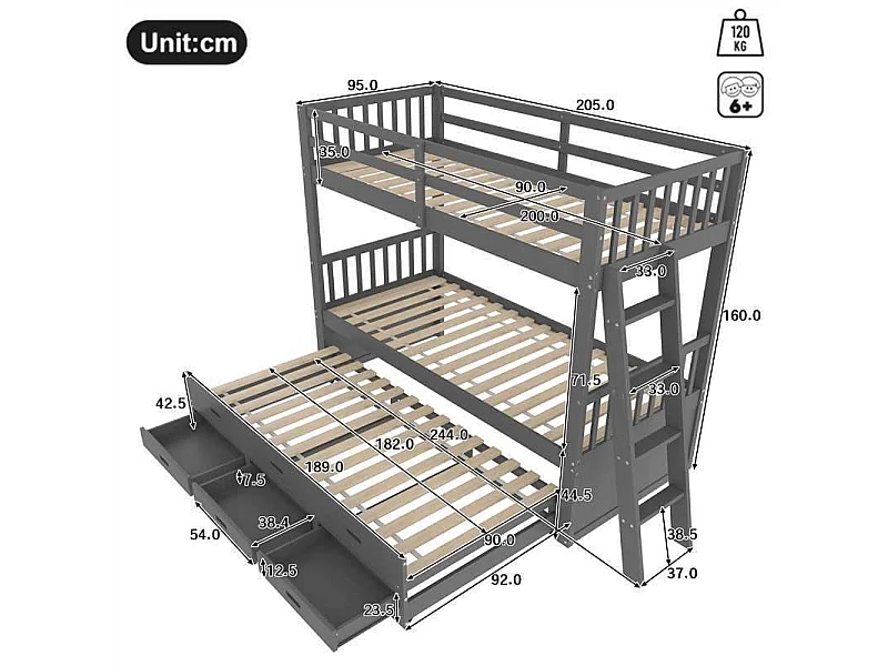 Lit superposé 90x200cm en gris, lit maison pour enfants, avec lit extractible et 3 tiroirs, cadre en pin et MDF