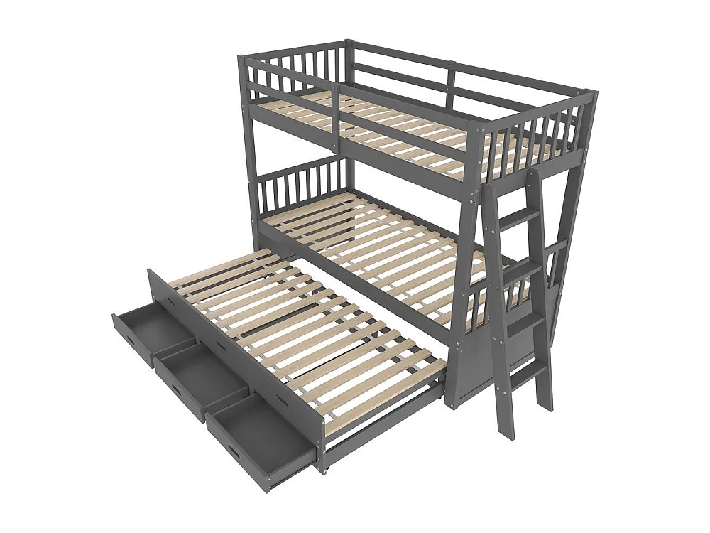 Lit superposé 90x200cm en gris, lit maison pour enfants, avec lit extractible et 3 tiroirs, cadre en pin et MDF