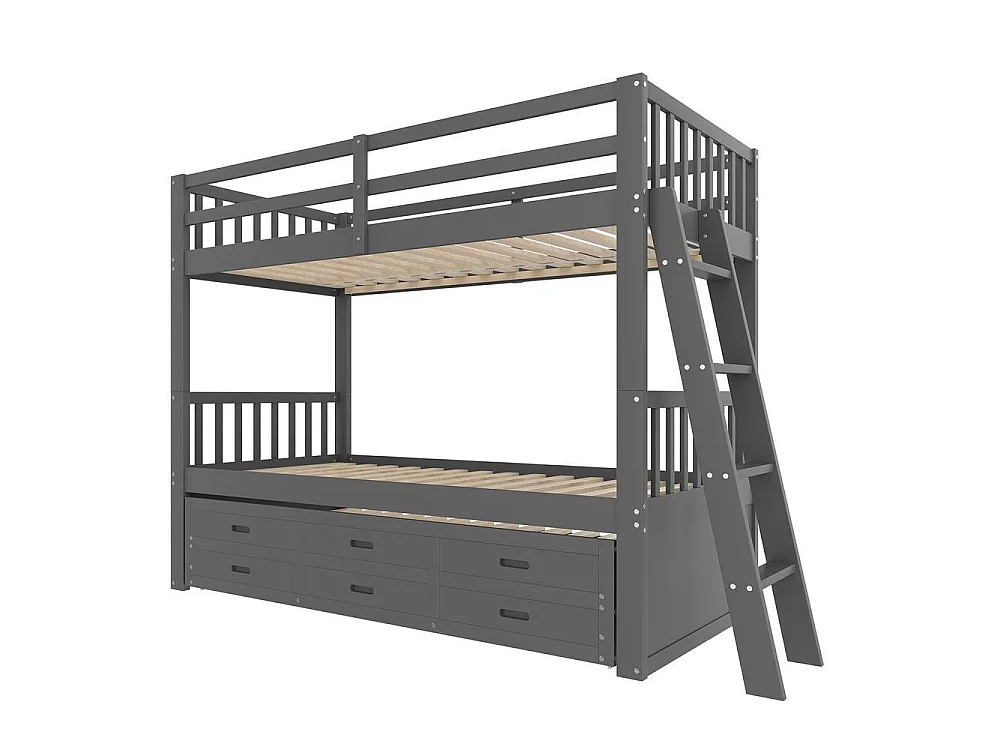 Lit superposé 90x200cm en gris, lit maison pour enfants, avec lit extractible et 3 tiroirs, cadre en pin et MDF