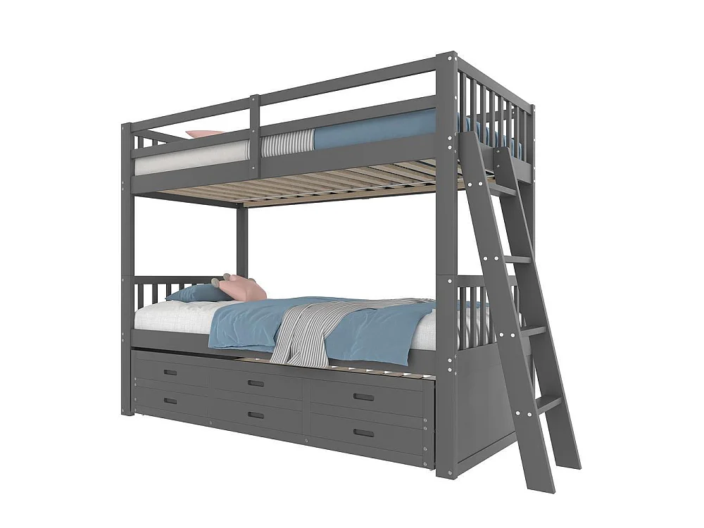 Lit superposé 90x200cm en gris, lit maison pour enfants, avec lit extractible et 3 tiroirs, cadre en pin et MDF