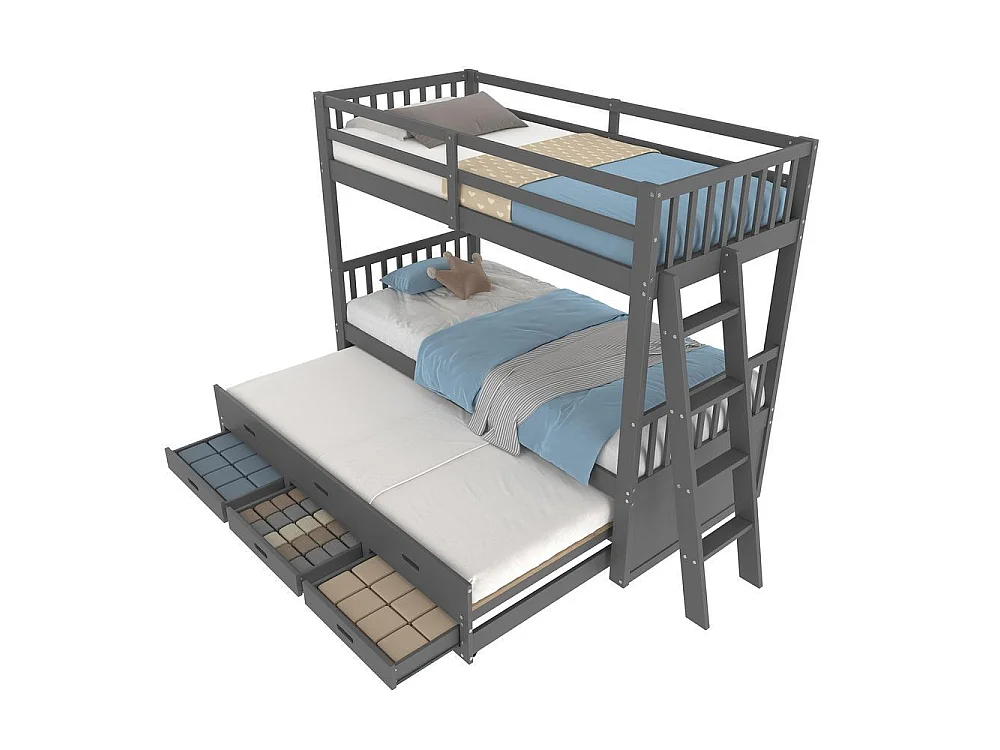 Lit superposé 90x200cm en gris, lit maison pour enfants, avec lit extractible et 3 tiroirs, cadre en pin et MDF