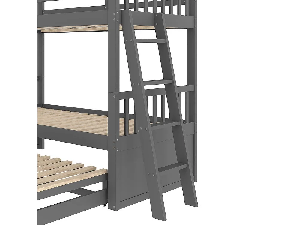 Lit superposé 90x200cm en gris, lit maison pour enfants, avec lit extractible et 3 tiroirs, cadre en pin et MDF