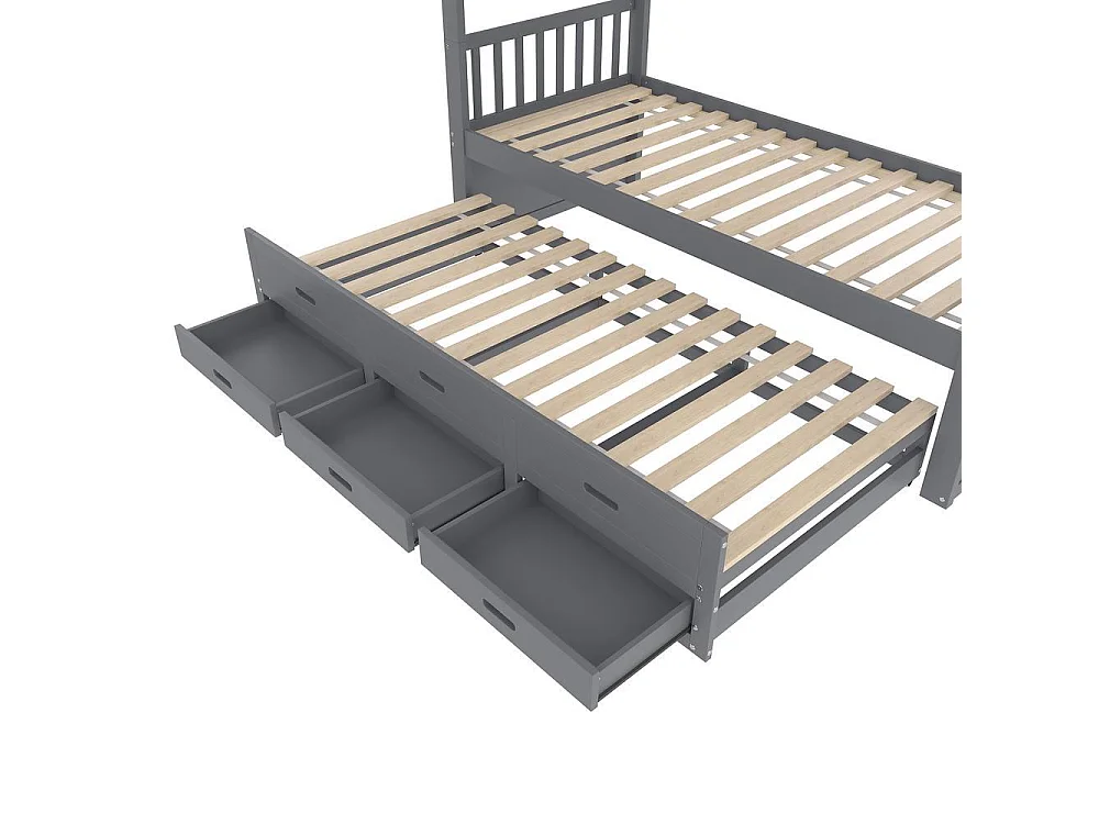 Lit superposé 90x200cm en gris, lit maison pour enfants, avec lit extractible et 3 tiroirs, cadre en pin et MDF