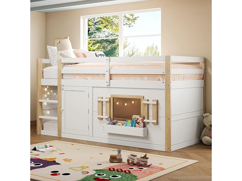 Lit superposé enfant 90x200 cm, avec échelle, espace de jeu en bas, sommier lattes inclus confortable et stable, blanc