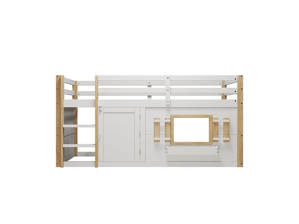 Lit superposé enfant 90x200 cm, avec échelle, espace de jeu en bas, sommier lattes inclus confortable et stable, blanc