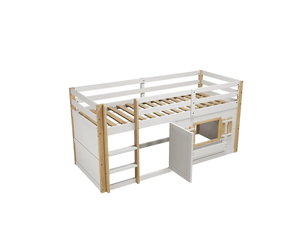 Lit superposé enfant 90x200 cm, avec échelle, espace de jeu en bas, sommier lattes inclus confortable et stable, blanc