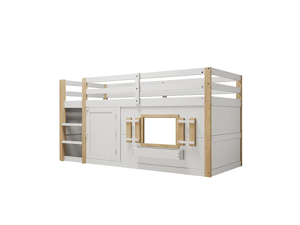 Lit superposé enfant 90x200 cm, avec échelle, espace de jeu en bas, sommier lattes inclus confortable et stable, blanc