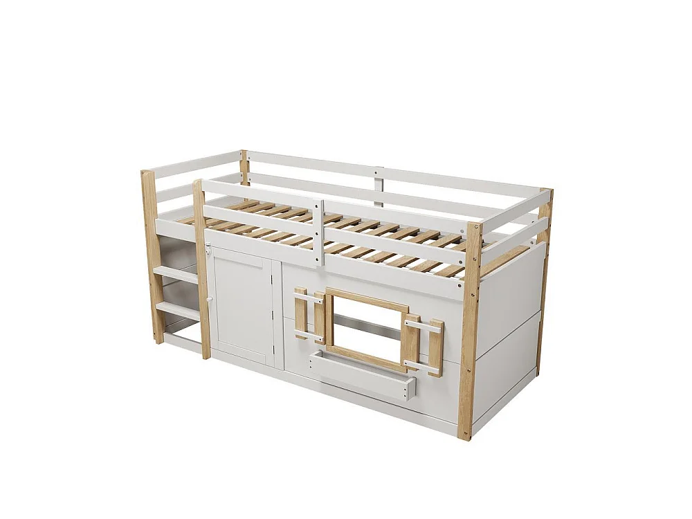 Lit superposé enfant 90x200 cm, avec échelle, espace de jeu en bas, sommier lattes inclus confortable et stable, blanc