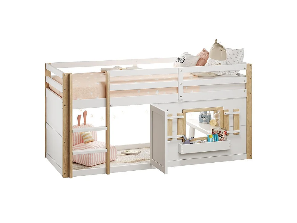 Lit superposé enfant 90x200 cm, avec échelle, espace de jeu en bas, sommier lattes inclus confortable et stable, blanc