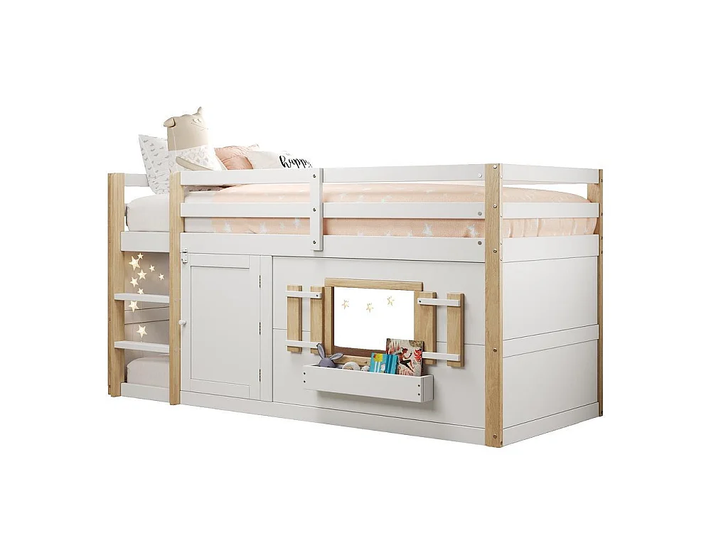 Lit superposé enfant 90x200 cm, avec échelle, espace de jeu en bas, sommier lattes inclus confortable et stable, blanc