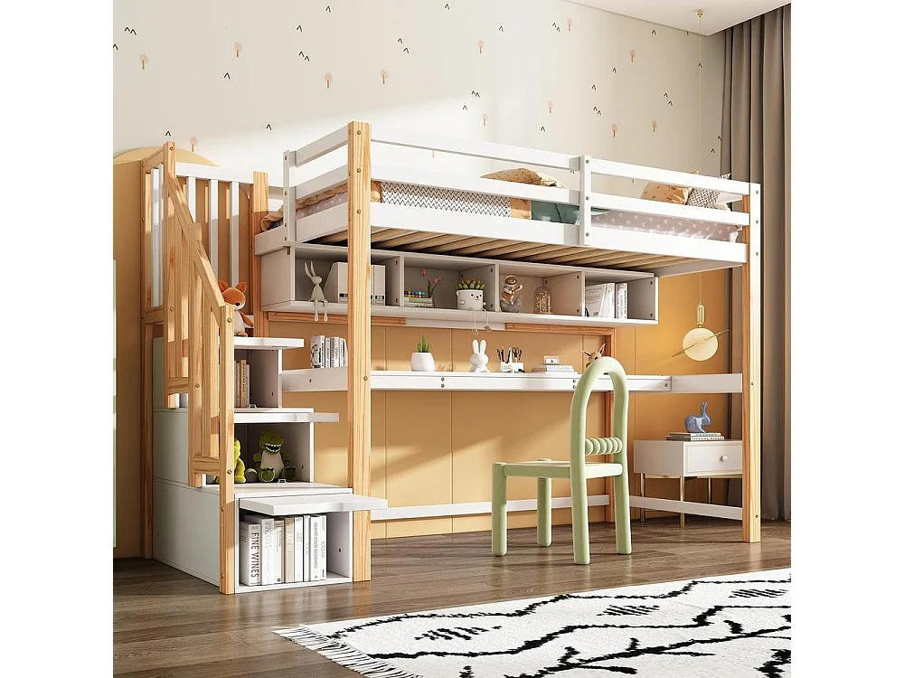 Lit superposé enfant, escalier avec rangement intégré, bureau sous lit, marches antidérapantes, bois massif MDF, blanc