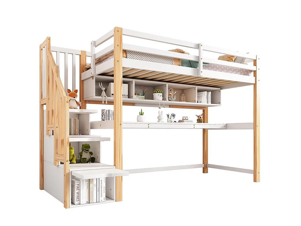 Lit superposé enfant, escalier avec rangement intégré, bureau sous lit, marches antidérapantes, bois massif MDF, blanc