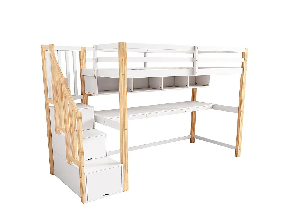 Lit superposé enfant, escalier avec rangement intégré, bureau sous lit, marches antidérapantes, bois massif MDF, blanc