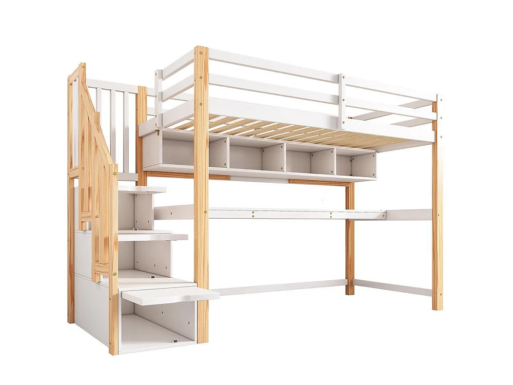 Lit superposé enfant, escalier avec rangement intégré, bureau sous lit, marches antidérapantes, bois massif MDF, blanc