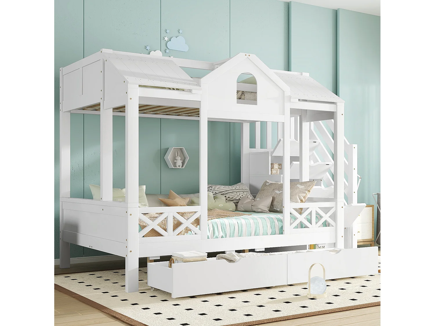 Lit Superposé 90 x 200 cm, Design Maison avec Fenêtres et Toit, Armoire Escalier 4 Compartiments, 2 Tiroirs, 2 Sommiers Inclus,Blanc