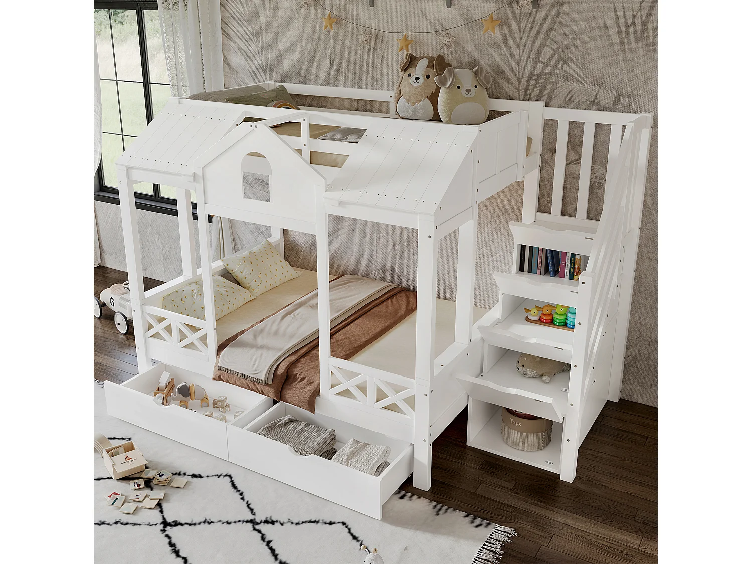 Lit Superposé 90 x 200 cm, Design Maison avec Fenêtres et Toit, Armoire Escalier 4 Compartiments, 2 Tiroirs, 2 Sommiers Inclus,Blanc