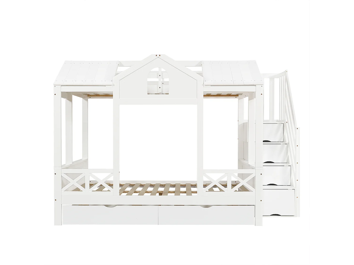 Lit Superposé 90 x 200 cm, Design Maison avec Fenêtres et Toit, Armoire Escalier 4 Compartiments, 2 Tiroirs, 2 Sommiers Inclus,Blanc