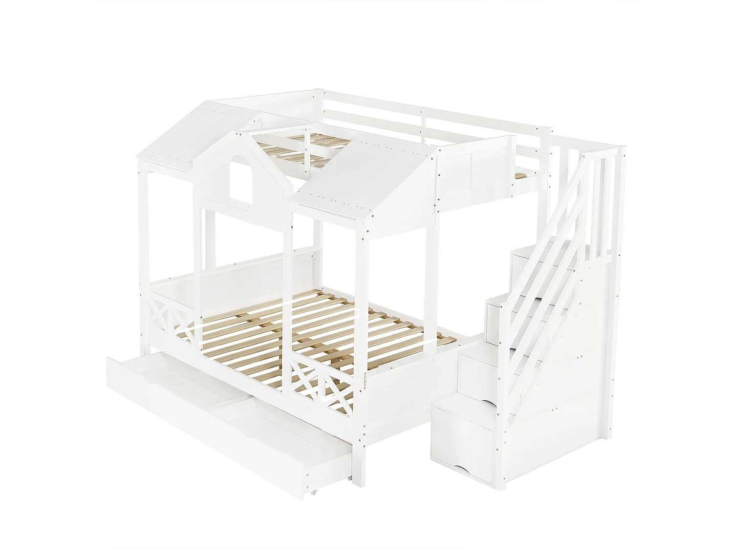 Lit Superposé 90 x 200 cm, Design Maison avec Fenêtres et Toit, Armoire Escalier 4 Compartiments, 2 Tiroirs, 2 Sommiers Inclus,Blanc