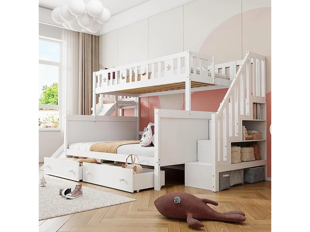 Lit superposé enfant 90/140x200 blanc, toboggan, escalier rangement, 2 tiroirs, sommier lattes, bois massif