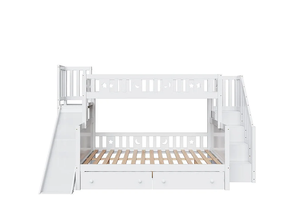 Lit superposé enfant 90/140x200 blanc, toboggan, escalier rangement, 2 tiroirs, sommier lattes, bois massif