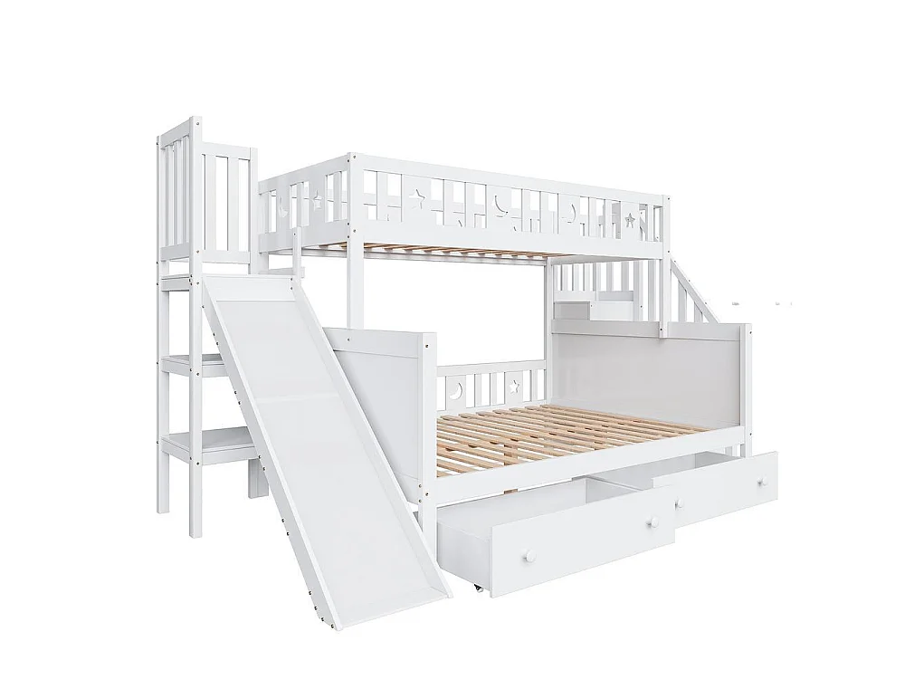 Lit superposé enfant 90/140x200 blanc, toboggan, escalier rangement, 2 tiroirs, sommier lattes, bois massif