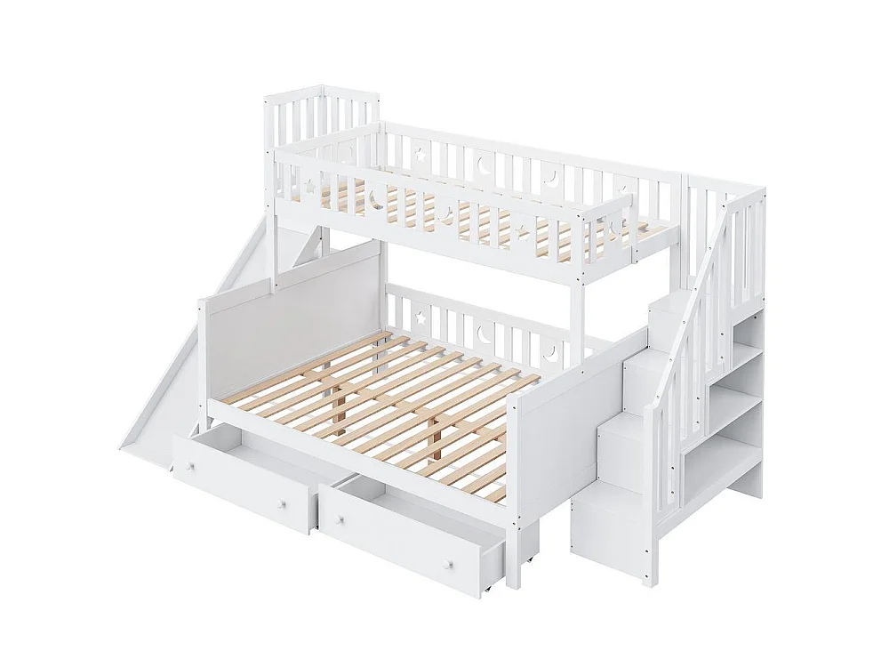 Lit superposé enfant 90/140x200 blanc, toboggan, escalier rangement, 2 tiroirs, sommier lattes, bois massif
