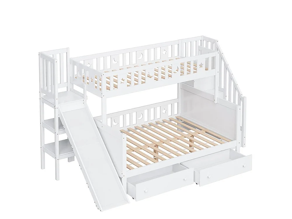 Lit superposé enfant 90/140x200 blanc, toboggan, escalier rangement, 2 tiroirs, sommier lattes, bois massif