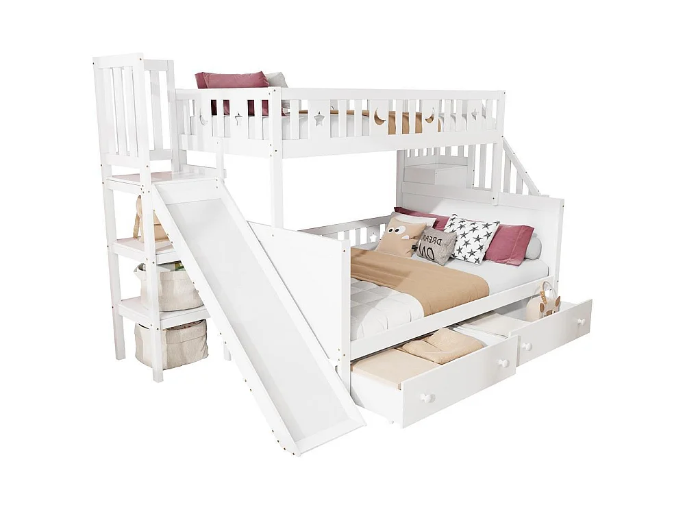 Lit superposé enfant 90/140x200 blanc, toboggan, escalier rangement, 2 tiroirs, sommier lattes, bois massif