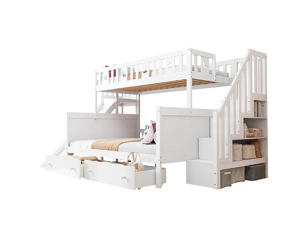 Lit superposé enfant 90/140x200 blanc, toboggan, escalier rangement, 2 tiroirs, sommier lattes, bois massif