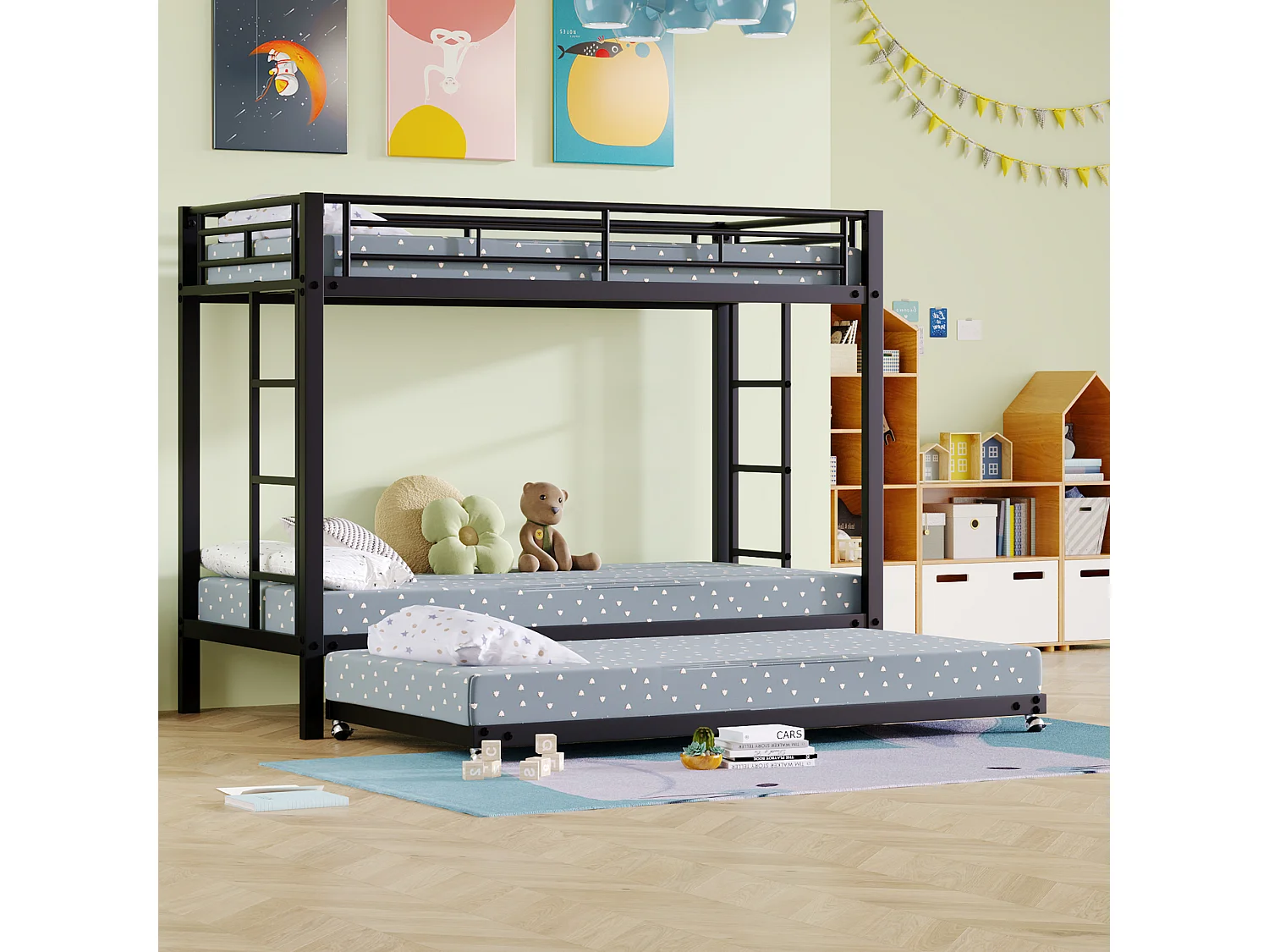 Lit superposé 90x200 cm, cadre en métal, avec lit gigogne, garde corps haut, lit enfant certifié EN747, noir