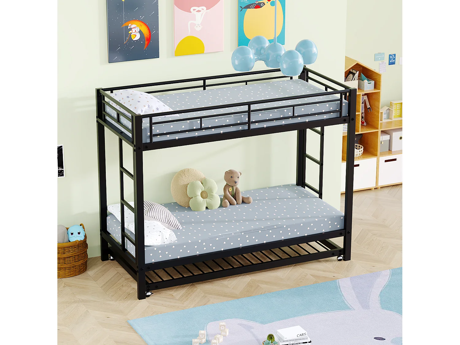 Lit superposé 90x200 cm, cadre en métal, avec lit gigogne, garde corps haut, lit enfant certifié EN747, noir