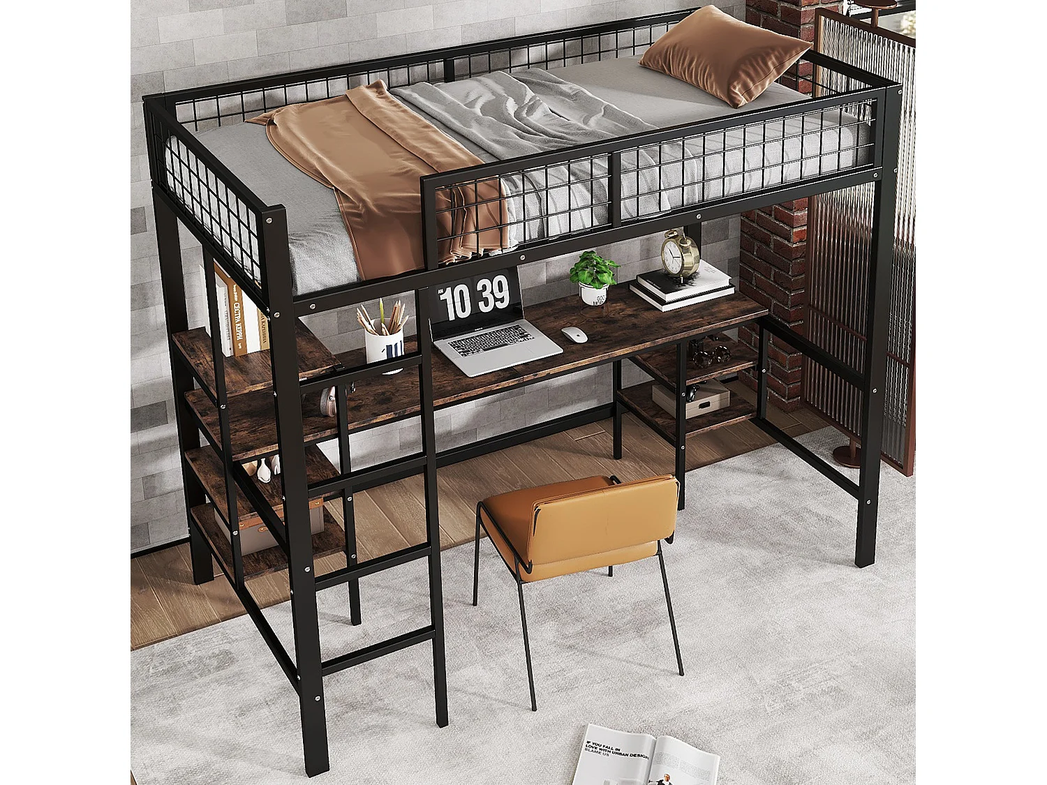 Lit Superposé Métal et Bois Foncé 90x200 cm avec Bureau et Étagères, Échelle 4 Marches, Cadre Fer et Panneaux, Ado Enfant, Noir
