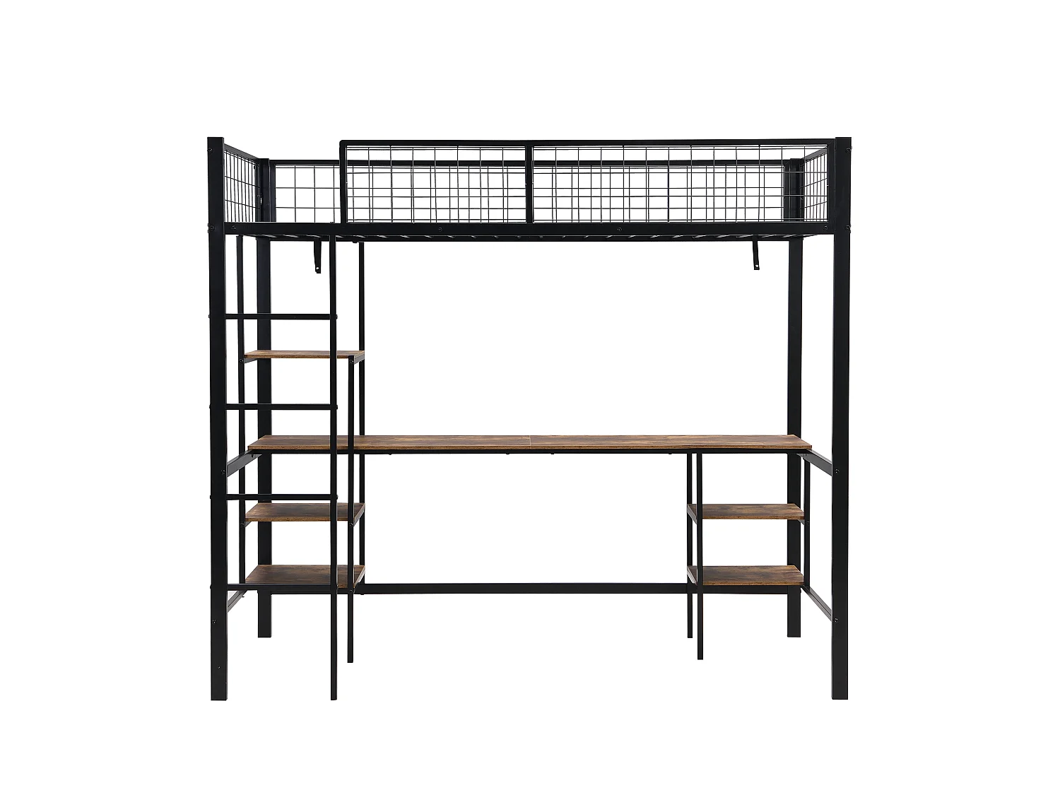 Lit Superposé Métal et Bois Foncé 90x200 cm avec Bureau et Étagères, Échelle 4 Marches, Cadre Fer et Panneaux, Ado Enfant, Noir