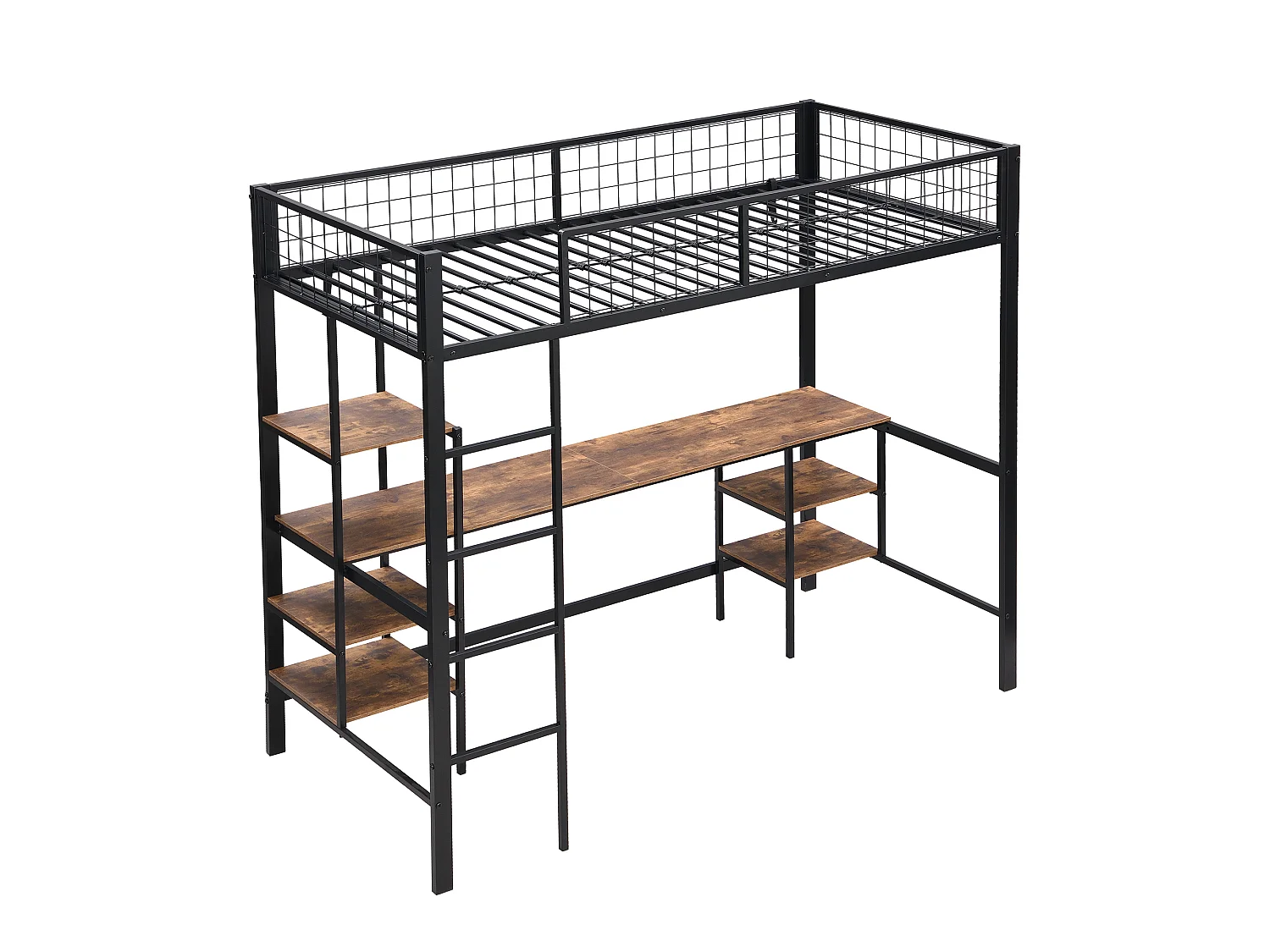 Lit Superposé Métal et Bois Foncé 90x200 cm avec Bureau et Étagères, Échelle 4 Marches, Cadre Fer et Panneaux, Ado Enfant, Noir