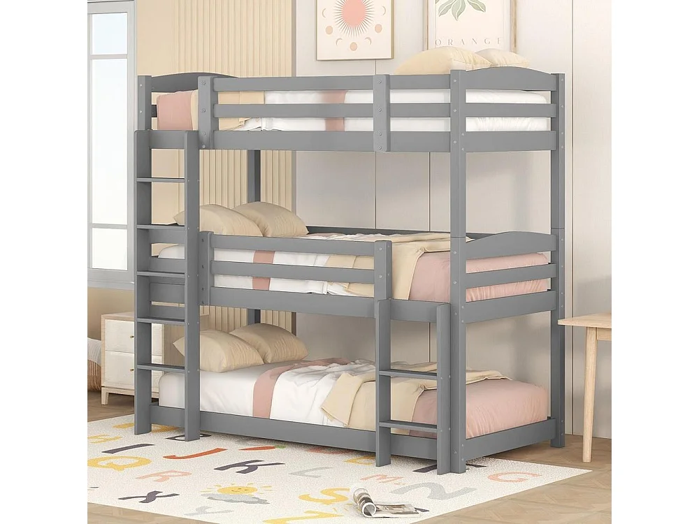 Lit superposé triple 90x200 cm pour enfants en bois avec 3 lits simples, échelles intégrées, garde-corps sécurisé, modulable, gris