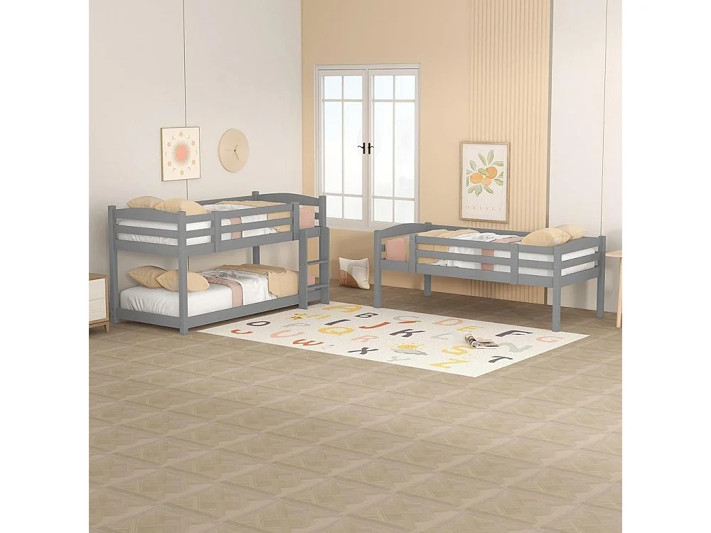 Lit superposé triple 90x200 cm pour enfants en bois avec 3 lits simples, échelles intégrées, garde-corps sécurisé, modulable, gris
