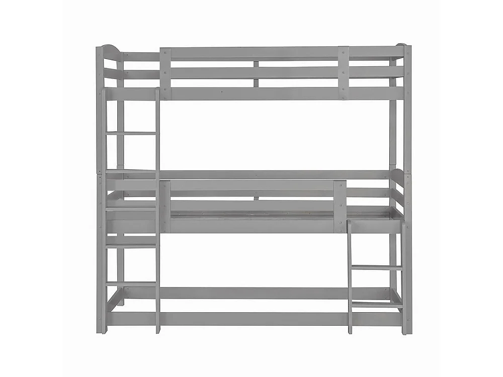 Lit superposé triple 90x200 cm pour enfants en bois avec 3 lits simples, échelles intégrées, garde-corps sécurisé, modulable, gris