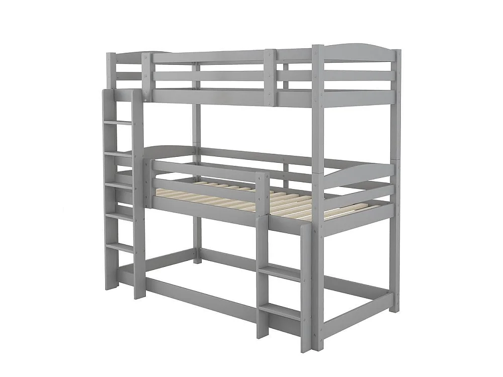 Lit superposé triple 90x200 cm pour enfants en bois avec 3 lits simples, échelles intégrées, garde-corps sécurisé, modulable, gris