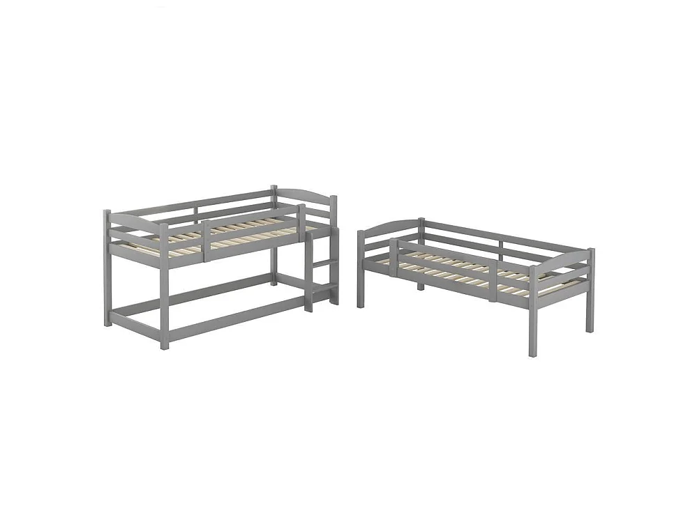 Lit superposé triple 90x200 cm pour enfants en bois avec 3 lits simples, échelles intégrées, garde-corps sécurisé, modulable, gris