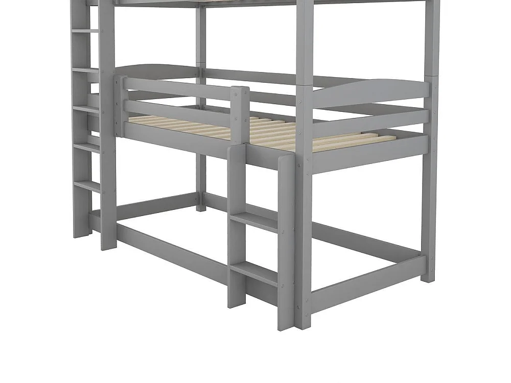 Lit superposé triple 90x200 cm pour enfants en bois avec 3 lits simples, échelles intégrées, garde-corps sécurisé, modulable, gris