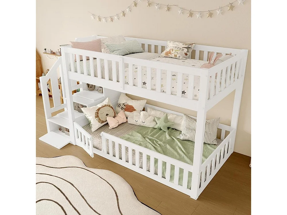 Lit superposé 90x200 cm avec échelle sécurisée, tiroir de rangement, barrières de protection, bois massif durable, blanc