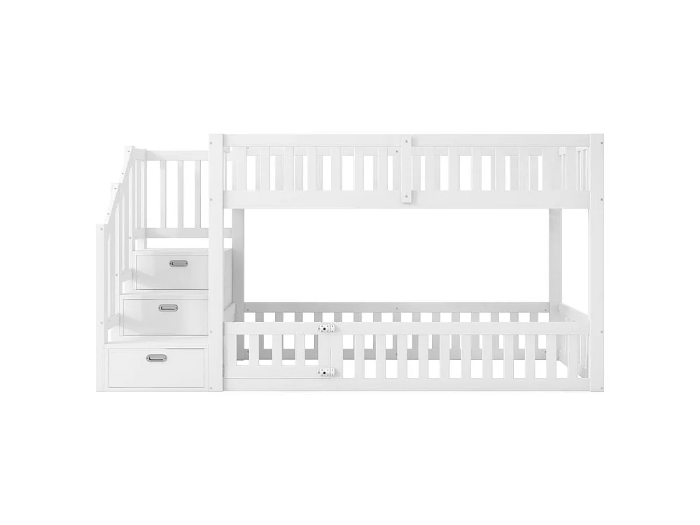 Lit superposé 90x200 cm avec échelle sécurisée, tiroir de rangement, barrières de protection, bois massif durable, blanc